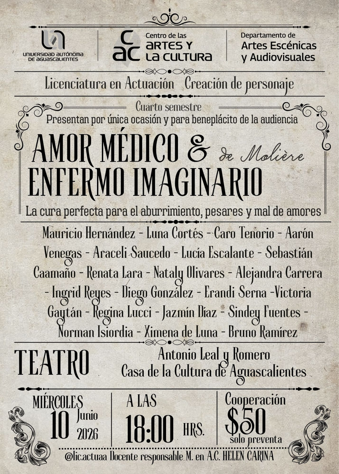 Obra de teatro “𝐀𝐦𝐨𝐫 𝐌𝐞́𝐝𝐢𝐜𝐨 & 𝐄𝐧𝐟𝐞𝐫𝐦𝐨 𝐈𝐦𝐚𝐠𝐢𝐧𝐚𝐫𝐢𝐨”, de Molière.